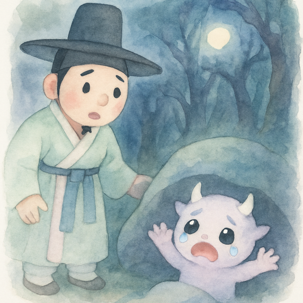 소금 장수가 숲에서 바위에 끼인 도깨비를 발견하는 장면